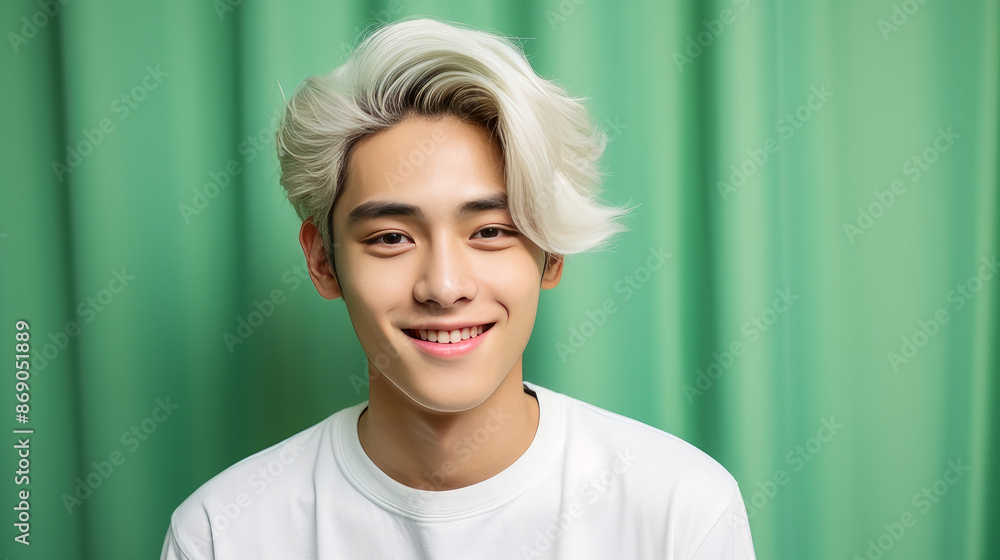 Portrait of a cute handsome happy Asian blond teenager guy with white long hair and perfect skin, green background, banner. Portrait of a cute handsome happy Asian blond teenager guy with white long hair and perfect skin, green background, banner.