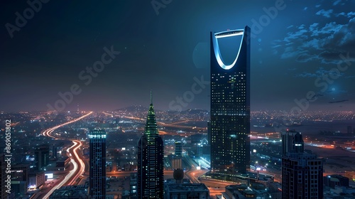 Kingdom of Saudi Arabia with a night view  Kingdom Tower  Riyadh skyline  Riyadh at night : Generative AI photo