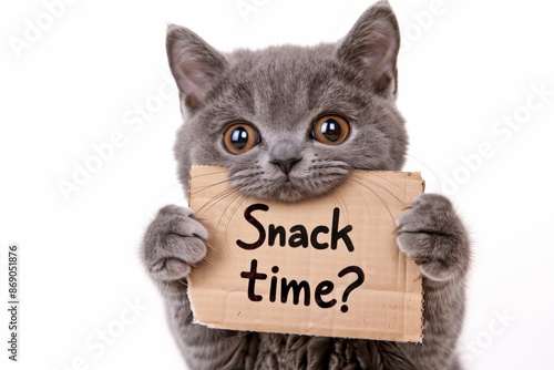 A cute British Shorthair cat holds a cardboard sign that says 