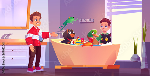 Pet grooming in bath. Children wash dog and cat. Spa for duck and frog with kids groomer. Toy, shampoo, foam bubble and light from window banner background. Happy care animal childhood vector