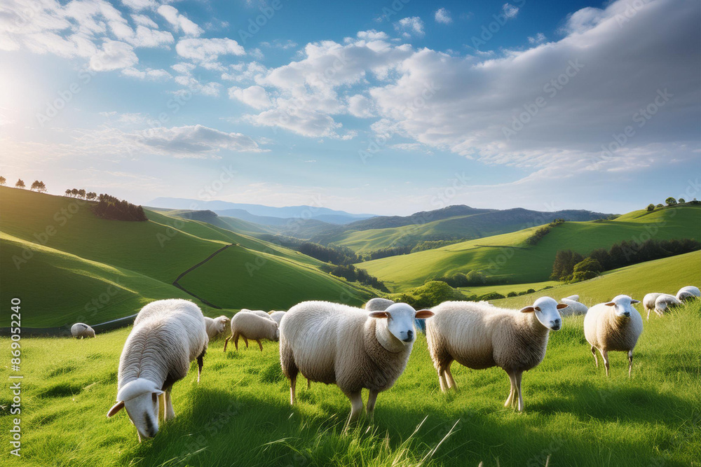 Fototapeta premium A serene image of sheep grazing on a green pasture, with rolling hills and a blue sky in the background. 