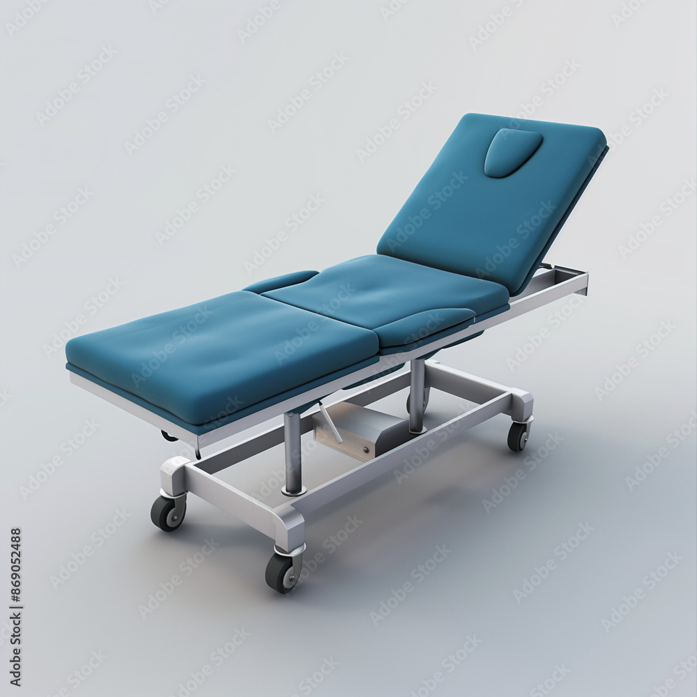 3d render of medical massage table with blue cushions on wheels, white background, no shadows, no reflections, studio light. Ai generated image. 3d render of medical massage table with blue cushions on wheels, white background, no shadows, no reflections, studio light. Ai generated image.