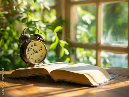 Alarm clock and book on the desk.