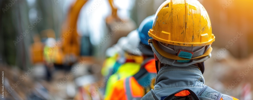 Naklejka premium Construction workers wearing safety gear on a construction site with heavy machinery in the background. Focus on a worker's helmet.