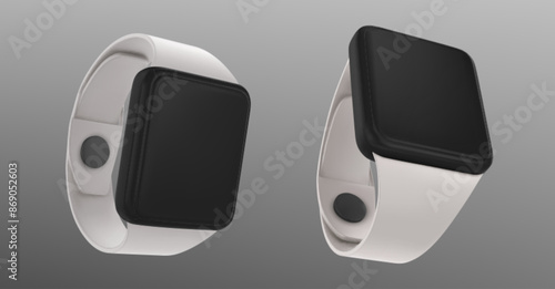 3d isolated electronic smart watch with sport band vector. Realistic fitness device render mockup. Fashion accessory element for time, health and activity tracker wearable on wrist. Workout bracelet
