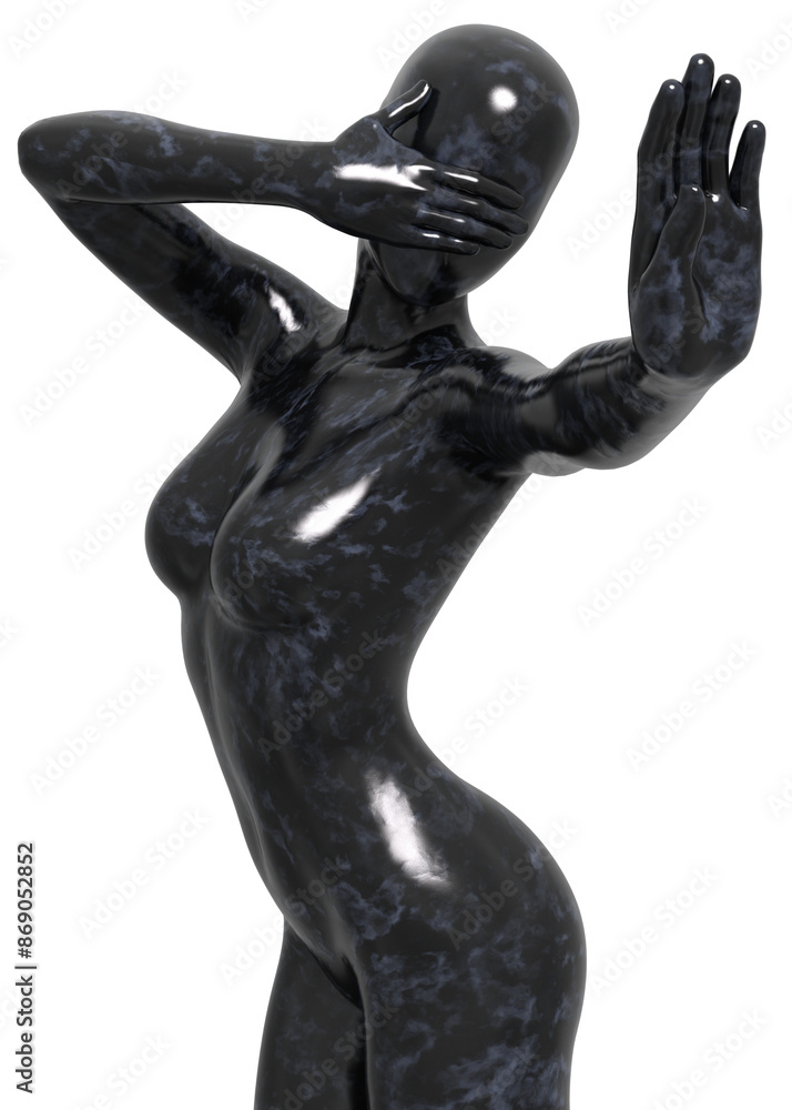 Abstract black marble female sculpture without face details. Detailed black marble texture, 3D Illustration.