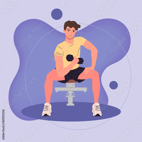 Sporty man doing exercises, weight lifting in gym vector illustration. Man with dumbbell performing fitness exercises. Wellness, sport activities, healthy lifestyle concept