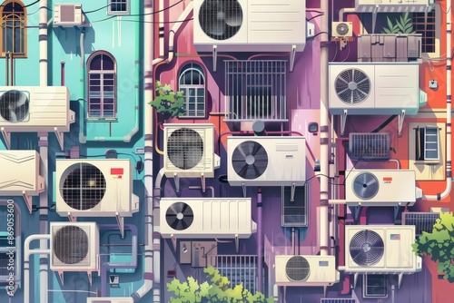 A large group of air conditioning units attached to the side of a building, A whimsical illustration of air conditioner units communicating with each other