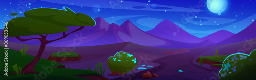 Night desert landscape with sandy dunes. Vector cartoon illustration of mysterious scenery with empty road running through dark land with green grass, trees, flowers, full moon glowing in starry sky