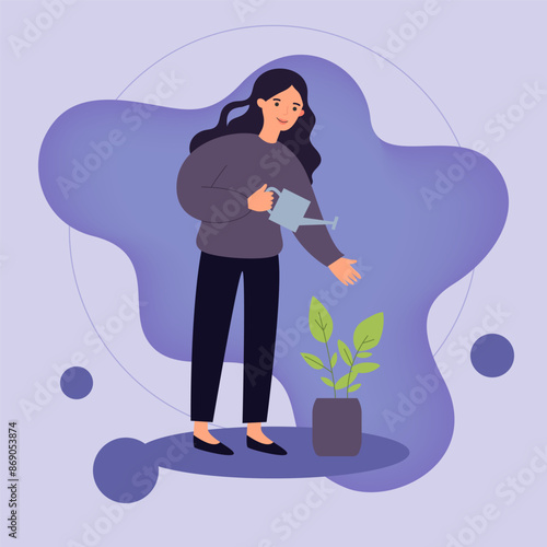 Woman watering houseplant vector illustration. Happy woman with watering pot growing green plant. Hobby, growing plants at home concept
