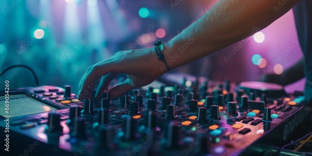 Close-up shot of a DJ's hands mixing tracks on a mixer at a lively party, with colorful lights and an energized atmosphere, showcasing the art of live DJ performance. Close-up shot of a DJ's hands mixing tracks on a mixer at a lively party, with colorful lights and an energized atmosphere, showcasing the art of live DJ performance.