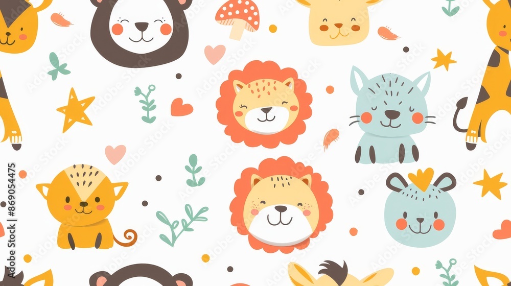 A playful and vibrant pattern featuring cartoon animals such as lions, giraffes, and bears ideal for children's decor or clothing A playful and vibrant pattern featuring cartoon animals such as lions, giraffes, and bears ideal for children's decor or clothing