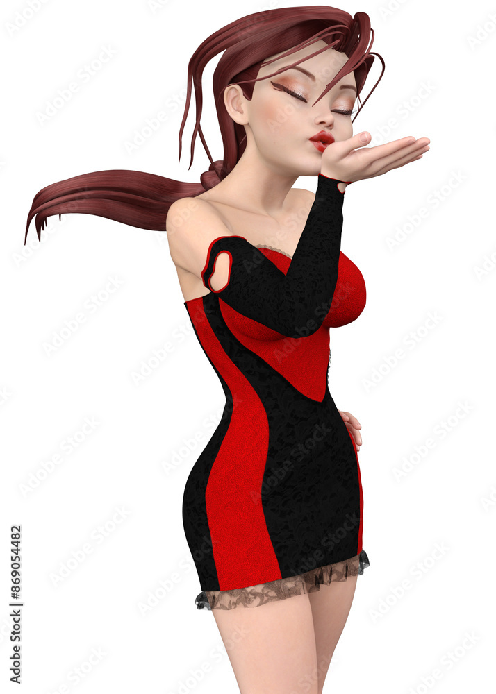 Abstract 3D cartoon character of a brunette woman with big brown eyes. Expressive beautiful cute cartoon fashion girl in red and black short dress, 3D Illustration. Abstract 3D cartoon character of a brunette woman with big brown eyes. Expressive beautiful cute cartoon fashion girl in red and black short dress, 3D Illustration.
