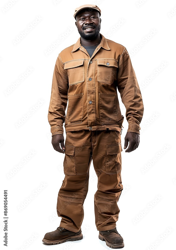 Fototapeta premium Studio portrait of a smiling African male worker wearing brown workwear