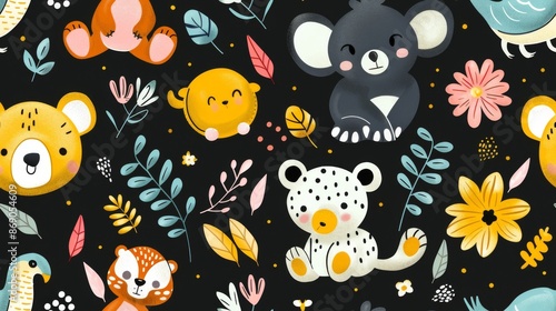 A colorful illustration featuring cartoon-style animals such as bears and koalas amid vibrant flowers and leaves on a dark background photo