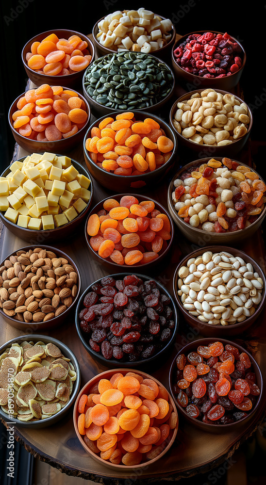 Overhead View of a Large Table with Assorted Dried Fruits in Bowls and Plates Overhead View of a Large Table with Assorted Dried Fruits in Bowls and Plates