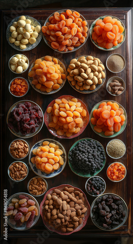 Overhead View of a Large Table with Assorted Dried Fruits in Bowls and Plates