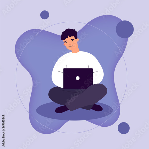 Young man sitting and using laptop. Man with digital gadget  using 5G high speed wireless internet connection. Vector illustration for interaction, telecom, wi-fi, smart city concept