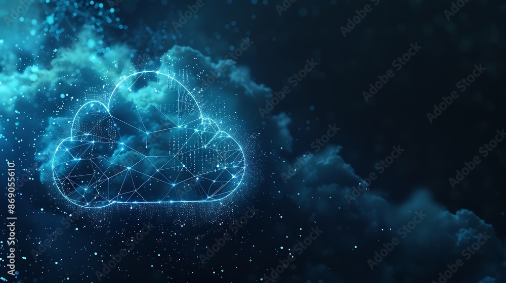 Obraz premium Cloud and edge computing technology concept cybersecurity data protection White cloud with binary code connected polygons on dark blue background Connect business networks in the digit : Generative AI