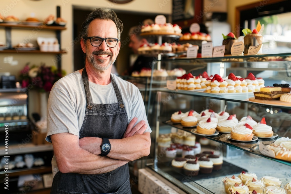 Professional Photography of a pastry shop owner. Welcoming customers with a smile, Generative AI Professional Photography of a pastry shop owner. Welcoming customers with a smile, Generative AI