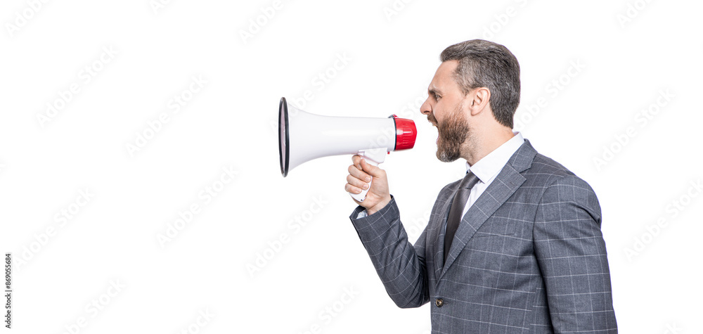 Businessman shouting on employee in loudspeaker isolated on white. Business man has conflict with partner about promotion. Businessman announce rivalry. Business conflict. Communication breakdown Businessman shouting on employee in loudspeaker isolated on white. Business man has conflict with partner about promotion. Businessman announce rivalry. Business conflict. Communication breakdown