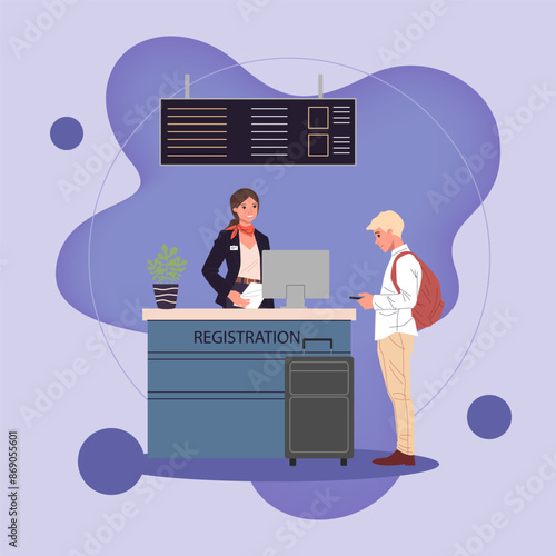 Young man with smartphone at airport registration desk. Male traveler with suitcase waiting for check in to his flight. Vector illustration for travel, vacation, departure, boarding concept