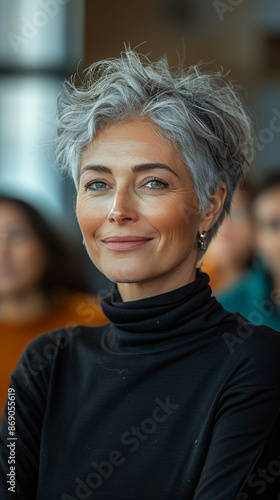 A mature professional businesswoman with short gray hair, smiling as she speaks to a group of colleagues during a brainstorming session in a creative office space. © AR Arts