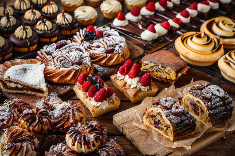 Professional Photography of a pastry shop window. Displaying attractive pastries to passersby, Generative AI Professional Photography of a pastry shop window. Displaying attractive pastries to passersby, Generative AI