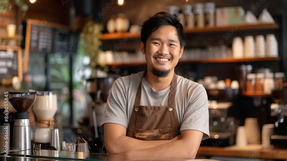 Portrait Barista small business Owner Asian barista man coffee shop owner smiling look at camera small business confident person Entrepreneur manager professional men standing coffee c : Generative AI Portrait Barista small business Owner Asian barista man coffee shop owner smiling look at camera small business confident person Entrepreneur manager professional men standing coffee c : Generative AI