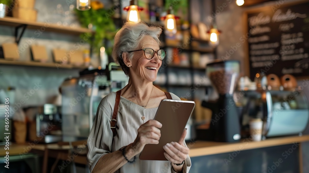 Business owner small cafe retired woman on pension Standing holding brown disposable coffee cup He was at the counter and was looking at the huge sales from the tablet with a happy and : Generative AI Business owner small cafe retired woman on pension Standing holding brown disposable coffee cup He was at the counter and was looking at the huge sales from the tablet with a happy and : Generative AI