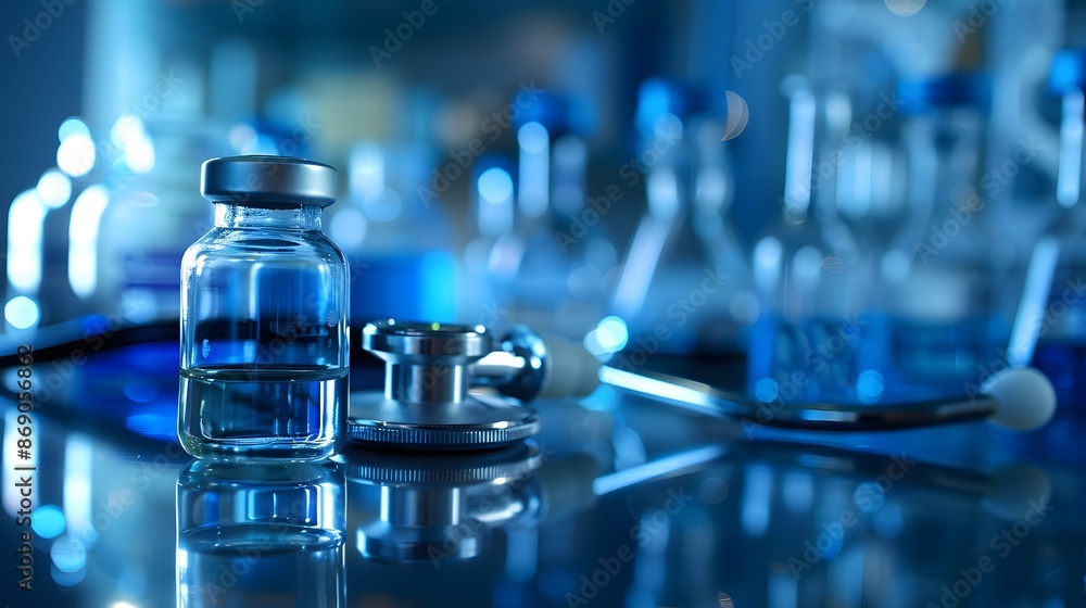 Front view close-up of a modern organic medical device in a deep blue-toned laboratory, featuring a stethoscope and syringe on a simple background Front view close-up of a modern organic medical device in a deep blue-toned laboratory, featuring a stethoscope and syringe on a simple background