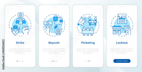 Workers union strike tactics blue onboarding mobile app screen. Walkthrough 4 steps editable graphic instructions with linear concepts. UI, UX, GUI template. Montserrat SemiBold, Regular fonts used