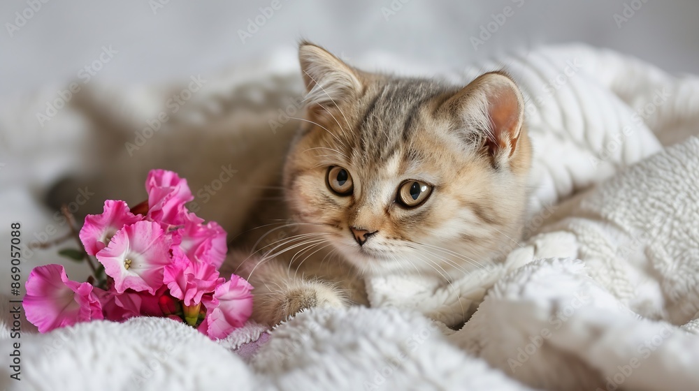 Cute Scottish Straight kitten and pink flowers on a white blanket A small cat lies on a blanket and looks into the camera : Generative AI Cute Scottish Straight kitten and pink flowers on a white blanket A small cat lies on a blanket and looks into the camera : Generative AI