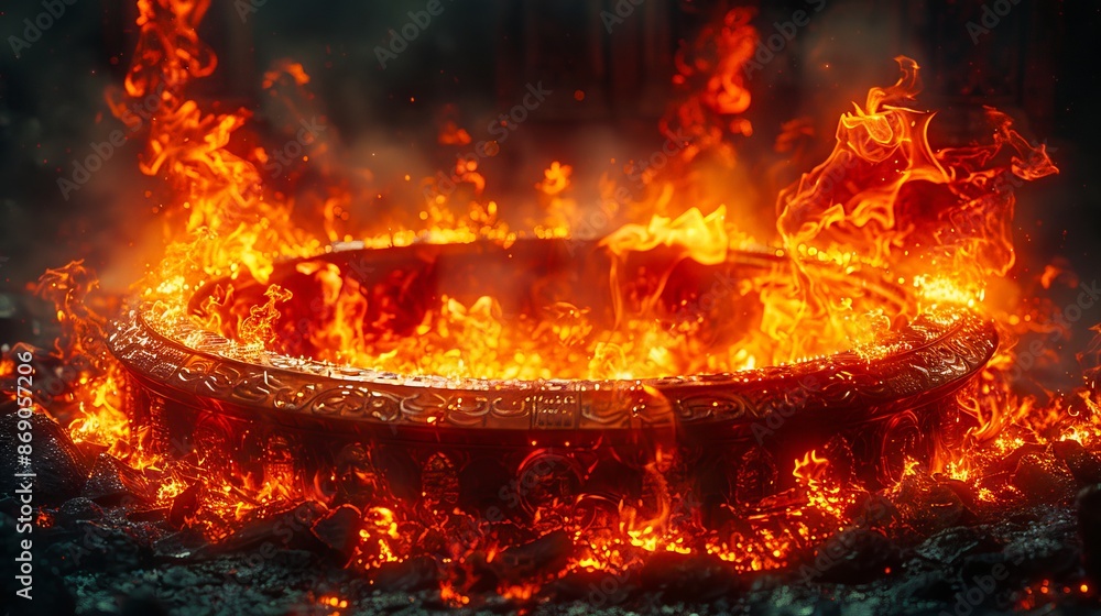 A fire ring in the middle of a dark background. A fire ring in the middle of a dark background.