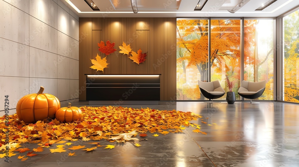 Office lobby with autumn leaves, pumpkins, and a welcoming atmosphere ...