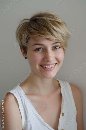Smiling Young Woman with Short Blonde Hair in White Clothes, Sideways Portrait