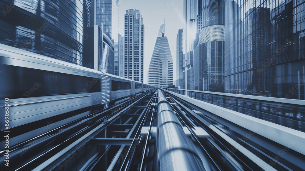 Fototapeta premium Modern high-speed train on urban track, amidst futuristic architecture. Shows rail efficiency, suitable for transport campaigns or high-speed rail promotions.