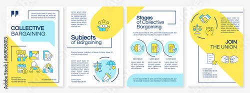 Workers union bargaining blue and yellow brochure template. Leaflet design with linear icons. Editable 4 vector layouts for presentation, annual reports. Questrial, Lato-Regular fonts used