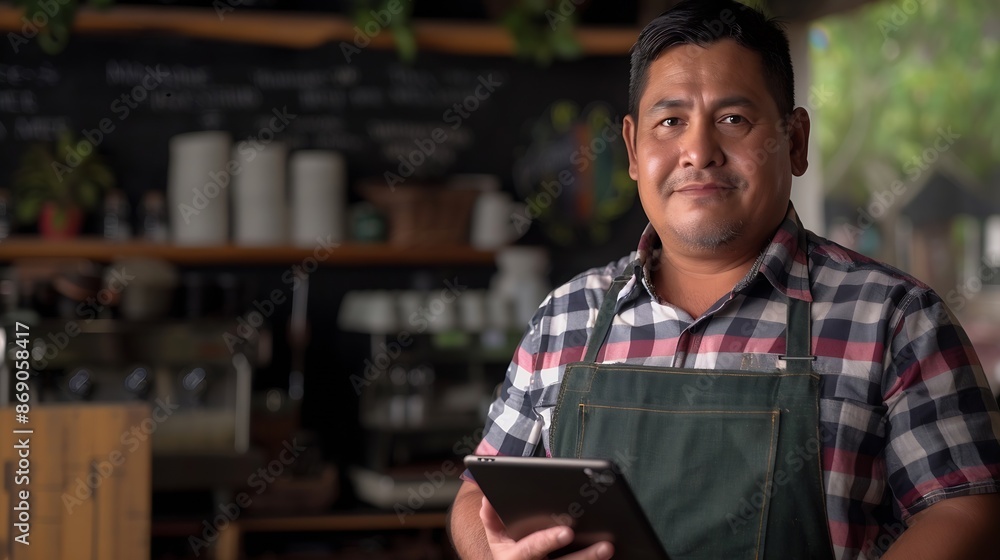 Portrait of hispanic cafe owner holding a digital tablet : Generative AI Portrait of hispanic cafe owner holding a digital tablet : Generative AI
