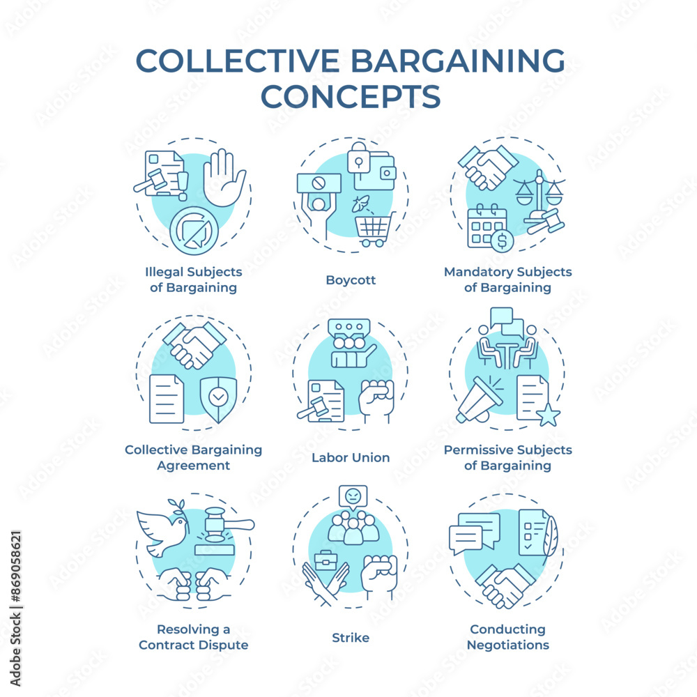 Collective bargaining soft blue concept icons. Labor unions, working conditions. Employees protests. Icon pack. Vector images. Round shape illustrations for infographic, presentation. Abstract idea Collective bargaining soft blue concept icons. Labor unions, working conditions. Employees protests. Icon pack. Vector images. Round shape illustrations for infographic, presentation. Abstract idea