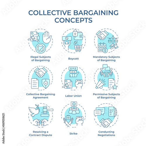 Collective bargaining soft blue concept icons. Labor unions, working conditions. Employees protests. Icon pack. Vector images. Round shape illustrations for infographic, presentation. Abstract idea