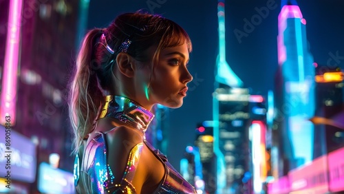 Model in holographic lingerie against futuristic cityscape projection neon lit skyline sci fi urban warrior photo