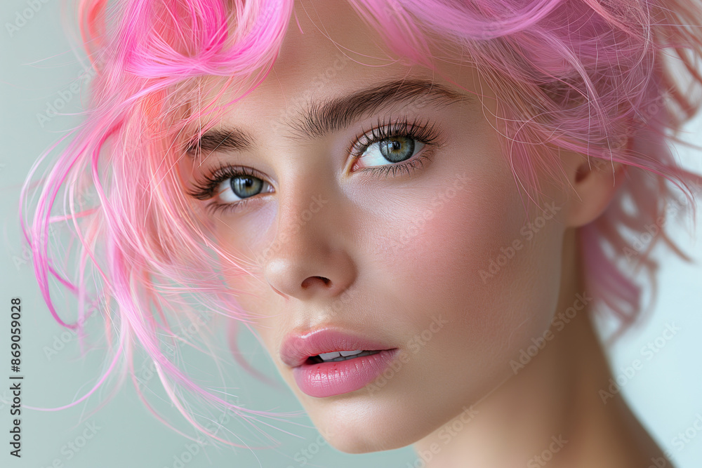 Fashion portrait of a beautiful woman in her early 30s with unique pink fringe and pastel hair, set against a grey background Fashion portrait of a beautiful woman in her early 30s with unique pink fringe and pastel hair, set against a grey background
