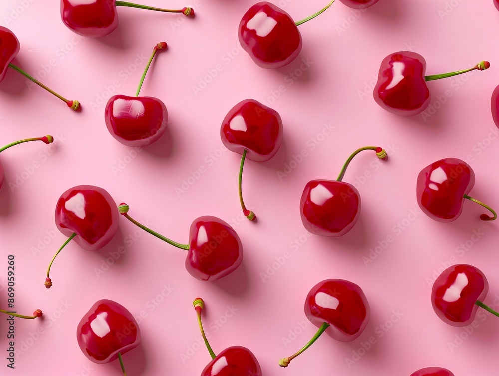 A pink background with many cherries on it. A pink background with many cherries on it.