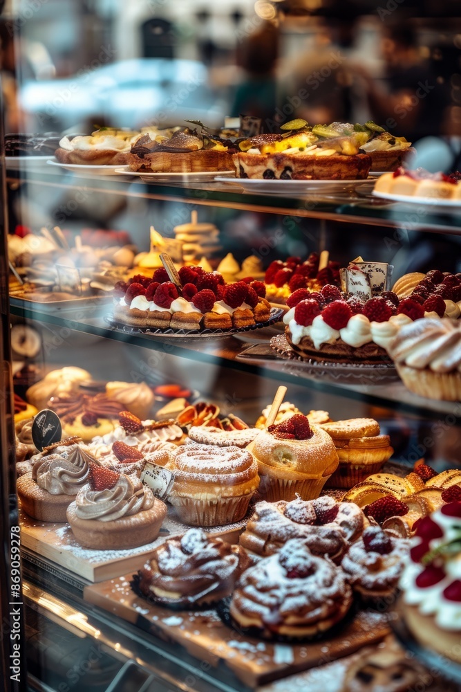 Professional Photography of a pastry shop window. Displaying attractive pastries to passersby, Generative AI Professional Photography of a pastry shop window. Displaying attractive pastries to passersby, Generative AI