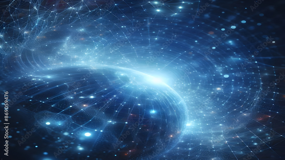 Fototapeta premium Blue abstract background with network grid and particles