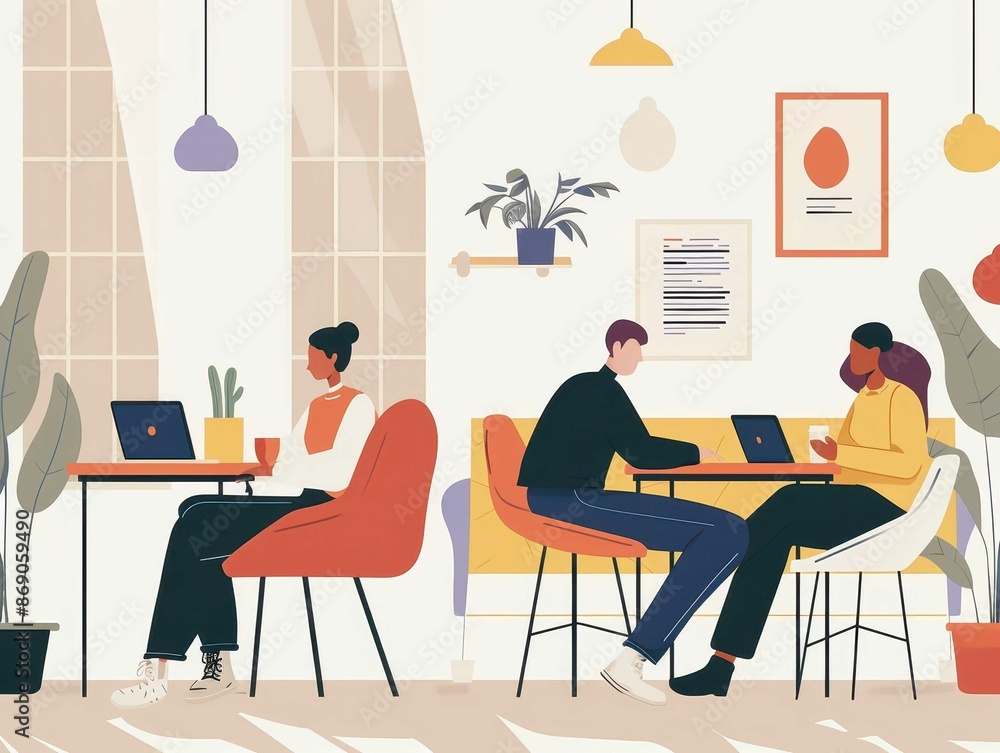 Illustration of a cozy coffee shop with people working on laptops, talking, and enjoying the ambient atmosphere. Illustration of a cozy coffee shop with people working on laptops, talking, and enjoying the ambient atmosphere.