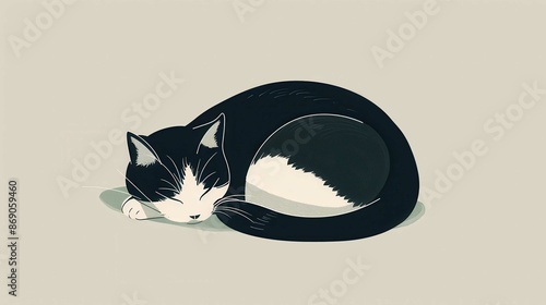 Illustration of a black and white cat peacefully sleeping curled up on a light background, showcasing the tranquility and beauty of pets. photo