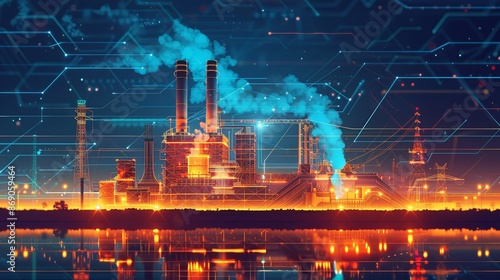 Futuristic Industrial Power Plant at Night with Digital Overlay, Illuminated by Bright Lights and Smoke Stacks, Reflecting on Water
