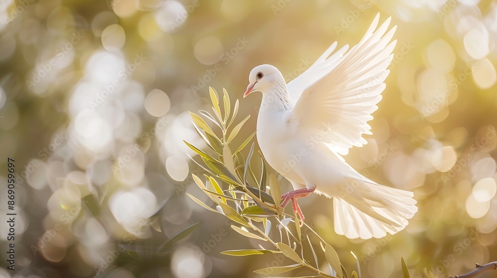 Obraz premium White Dove carrying olive leaf branch on Beautiful light and lens flare Freedom concept and international day of peace Free Clipping path : Generative AI